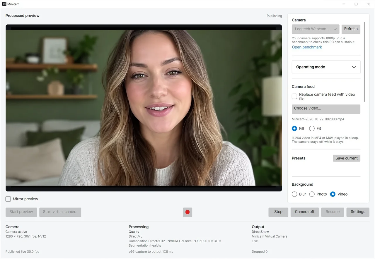 The MiniCam main window with the processed preview on the left showing a person in front of a blurred living room, and the camera, background and presets controls on the right