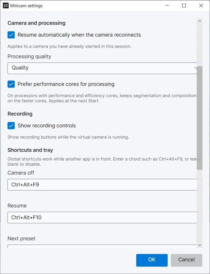 The MiniCam settings window showing processing quality, the recording controls option and the global shortcuts for Camera off, Resume and Next preset
