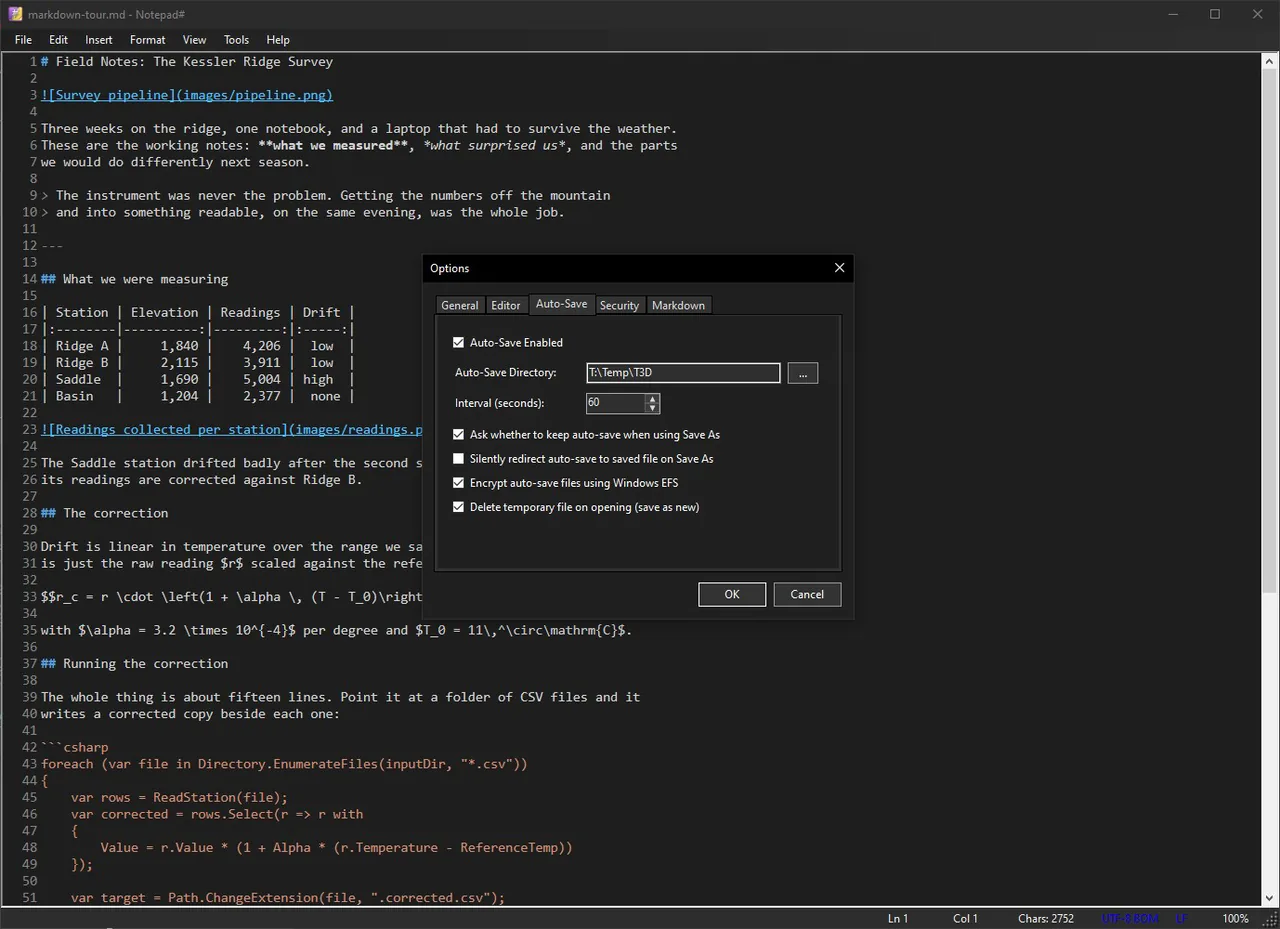 The Notepad# Options dialog on the Auto-Save tab, showing the auto-save interval, the target directory and the checkbox for encrypting auto-save files with Windows EFS