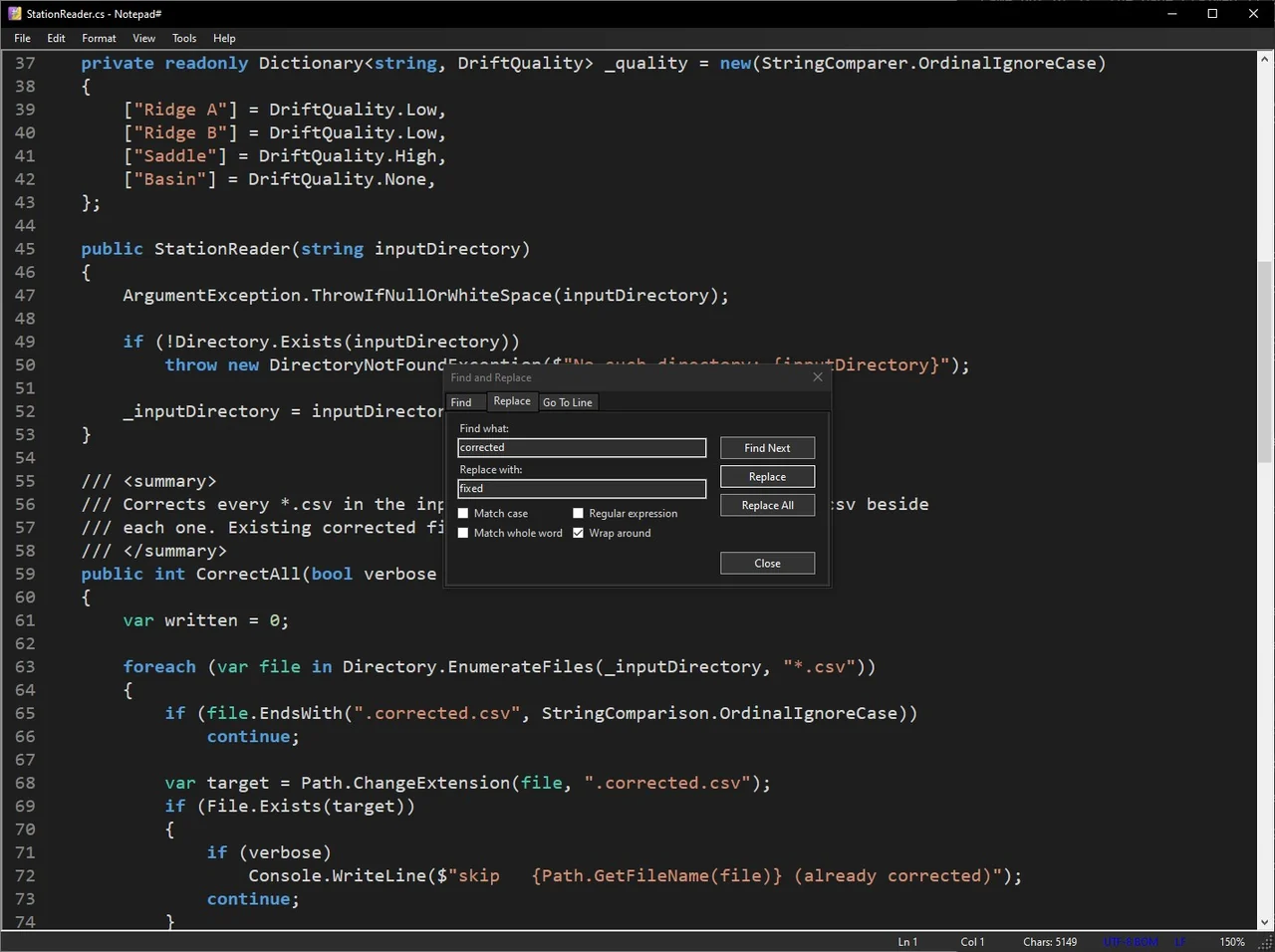 The Notepad# Find and Replace dialog open over a C# file, showing the Replace tab with match case, regular expression, whole word and wrap around options