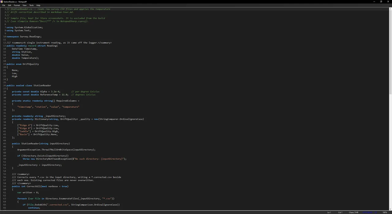 Notepad# showing a C# source file in dark theme with syntax highlighting, line numbers, and the status bar reporting encoding and line endings